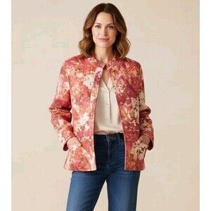 Sigrid Olsen Jacket Large 100% Silk Quilted Snap Buttons Collarless Red Pink Art